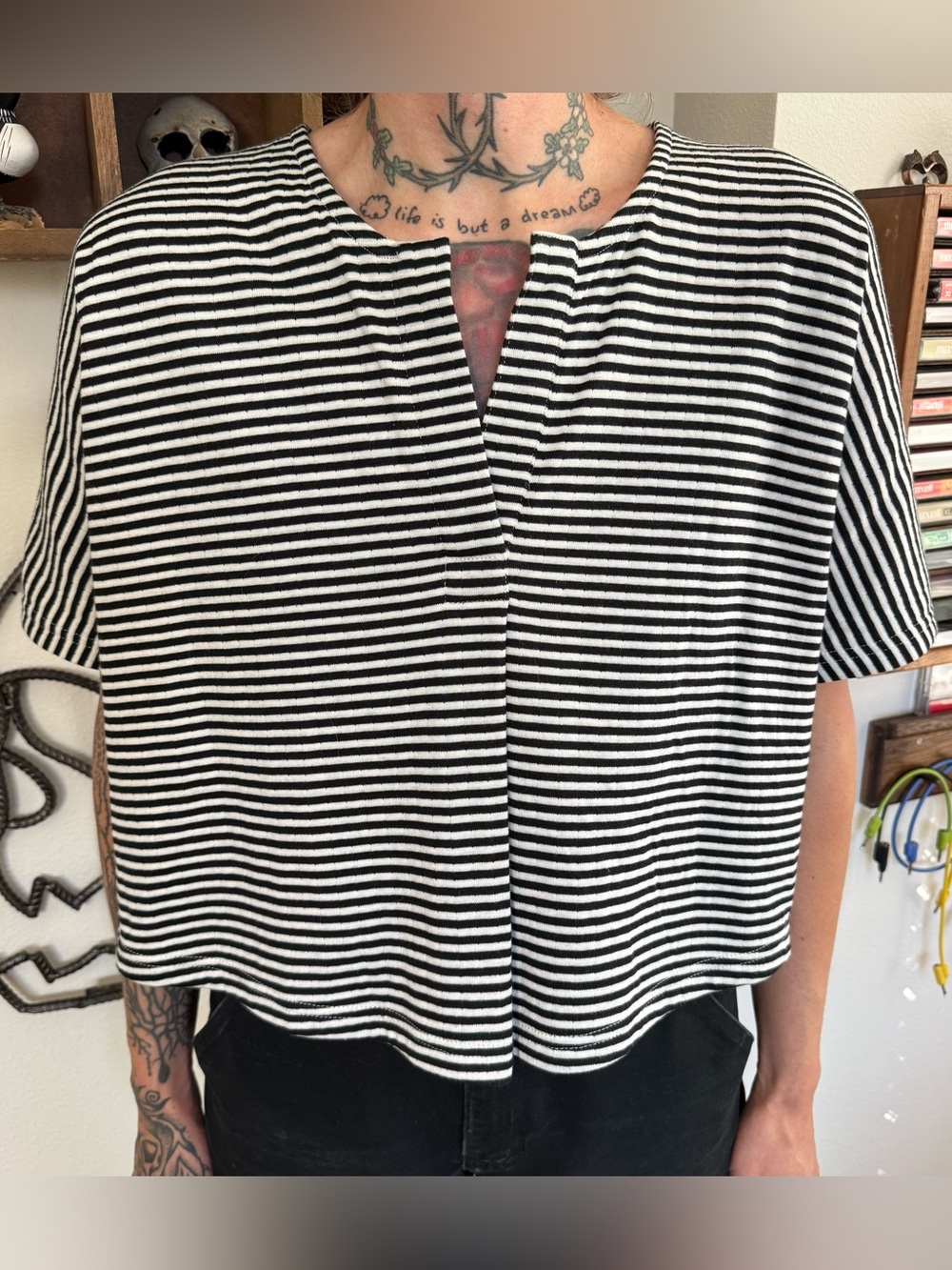 NWT Madewell Split Neck Black & White Striped Boxy Tee ~ Size Small